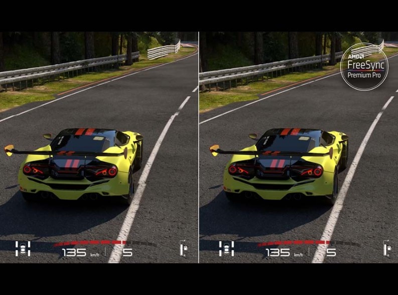A comparison of the same 2 cars in motion are on display. The left side has a lot of stutter while the right side runs smoothly. The AMD FreeSync Premium Pro logo is on the upper righthand side.