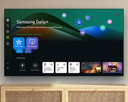 The TV displays the Samsung Daily+ menu with various lifestyle apps like SmartThings, Samsung Health, Dr.Tail, HealthTap, Flexit, ConnecTime and Workspace. Menu scrolls down to show more options organized under each app.