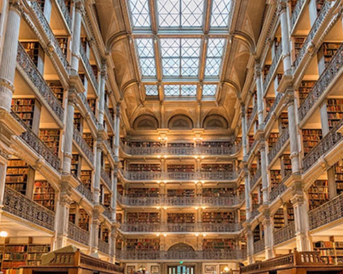 Interior shot of a library showing 4K detail in architecture
