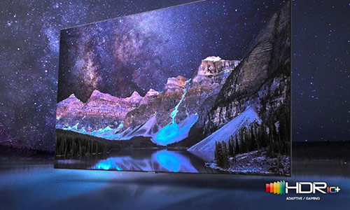 Neo QLED TV is displaying mountains and a starry night. The scene after applying HDR 10+ ADAPTIVE/GAMING technology is much brighter and crisper than the SDR version.