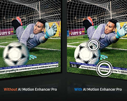 A goalie catches a soccer ball. Without AI Motion Enhancer Pro, the  ball and text is blurry. With AI Motion Enhancer Pro, they're clear.
