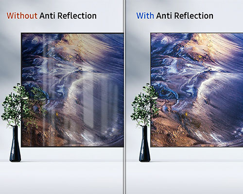 A comparison of two TV screens. The TV labeled Without Anti Reflection reflects lights that blur the nature scene on screen. The TV labeled With Anti Reflection shows the same nature scene in clarity without distracting reflections.