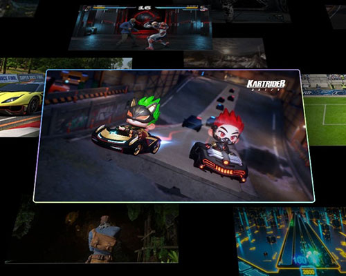 Scattered scenes from games with one main scene front and center. RPG is detected as its genre, as it is then scanned into optimal settings by Samsung's AI technology. Then the screen changes and Racing is detected as the genre of Kart Rider Drift as it is also scanned into optimal settings.