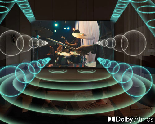 A Samsung TV plays a scene of a band performing, with a focus on the drummer. The TV emanates rings of sound in various sizes, which pulse energetically and travel in all directions to fill the space, indicating use of the Dolby Atmos feature.