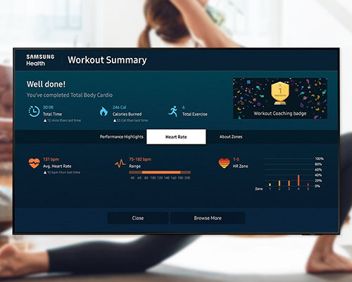 The Samsung Health dashboard shows completed workout summary that says well done, workout coaching badge, performance highlights, heart rate and more.