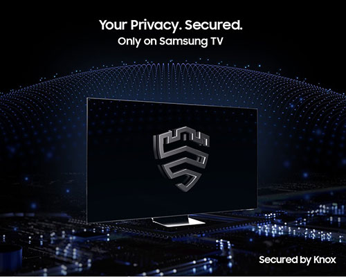 A multi-layered security solution is creating a dome-like enclosure behind a TV that's secured by Knox. The screen features the Samsung Knox emblem. The text Your privacy. Secured. Only on Samsung TV is on display on top.