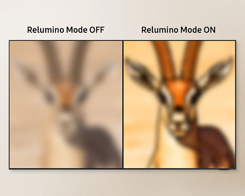 A TV with its screen divided into two sides. A blurry image of a gazelle on the side labeled Relumino Mode OFF is enhanced into a clearimage on the side labeled Relumino Mode ON.