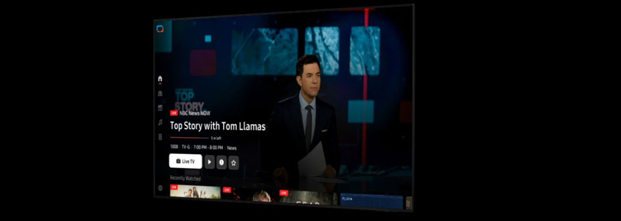 The TV Plus home menu displaying live channels, a news program playing live and a personalized program guide showing Favorites and Featured Channels.