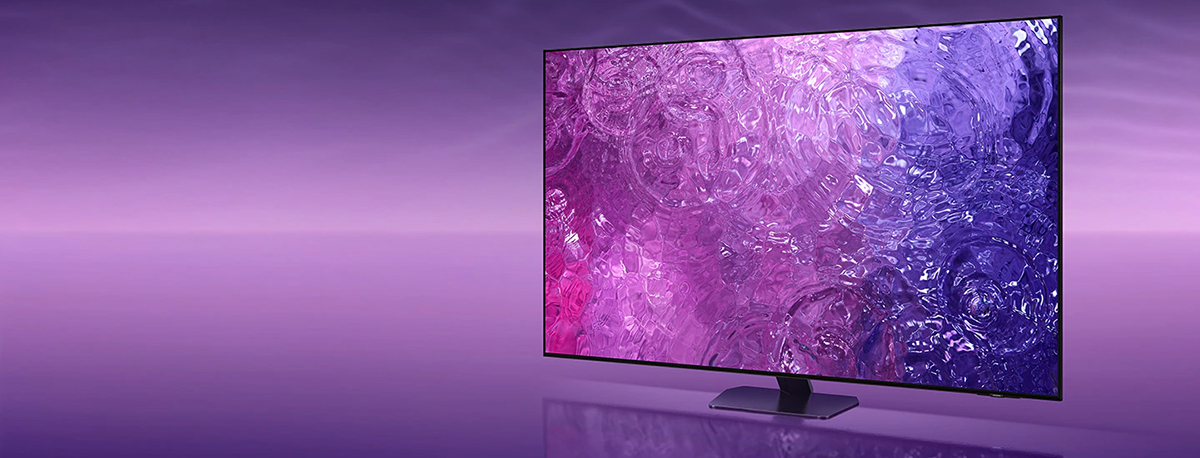 A Neo QLED TV is displaying purple graphic on its screen