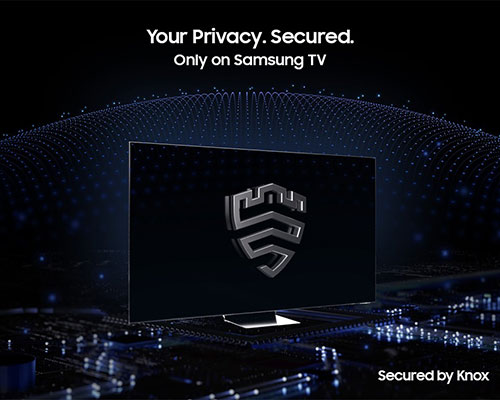 A multi-layered security solution is creating a dome-like enclosure behind a TV that's secured by Knox. The screen features the Samsung Knox emblem. The text Your privacy. Secured. Only on Samsung TV is on display on top. 