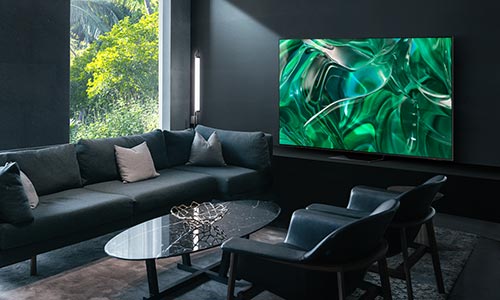 77 inch S95C TV in dark colored living room