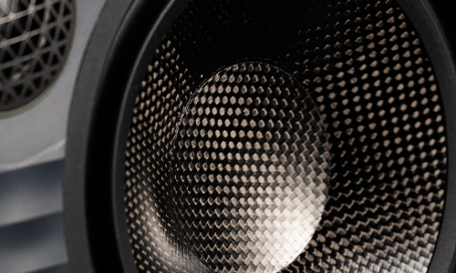 Upclose image of the carbon fiber mesh of the Triad PDX speaker
