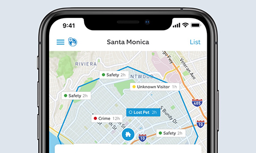 phone display of map of Santa Monica with lost pet tracked