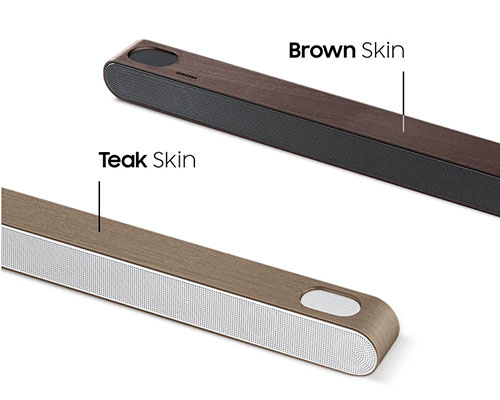 Two Ultra Slim Soundbars display different skin options. One has a Brown Skin, and the other has a Teak Skin.
