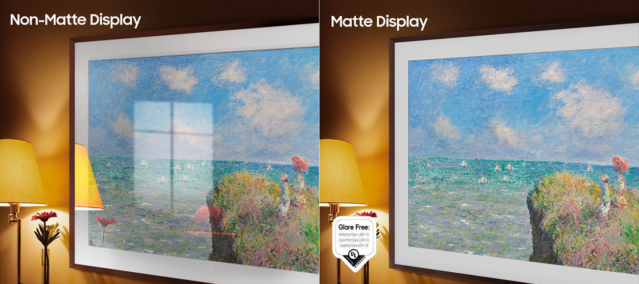 The left side of the screen with the word Samsung's 'Non-Matte Display' shows The Frame displaying an artwork full of reflections. The right side of the screen with the words 'Matte Display' shows The Frame with the same painting that has no glare. A glare-free certified logo that Reflection Glare UGR