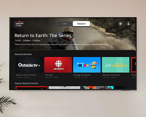 Samsung TV Plus UI image shows various images of popular content. 