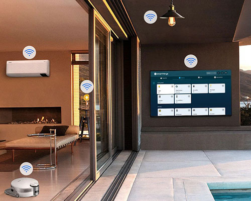 The SmartThings UI is on display on the TV. Wi-Fi icons are floating on top of the TV, vacuum robot, air purifier and lights