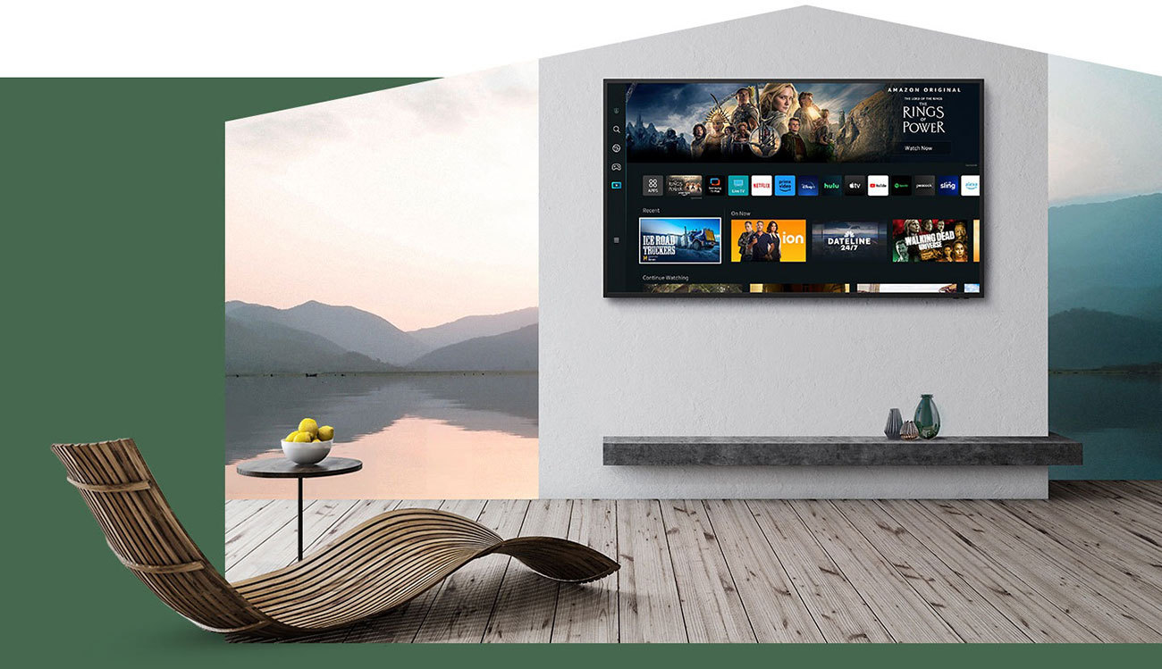 The Terrace is mounted on a wall showcasing the Smart Hub interface on its screen.