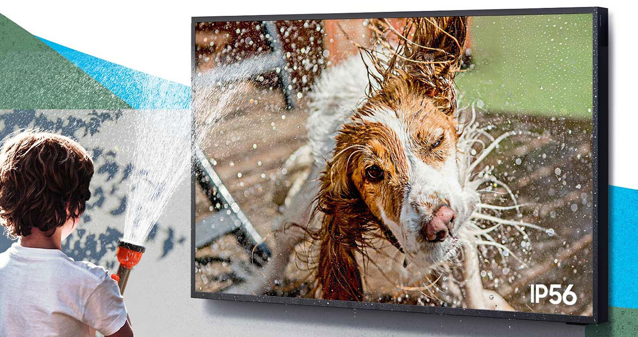 A child sprays water on The Terrace. A dog is depicted shaking off water from its body with the IP56 displayed on the screen.