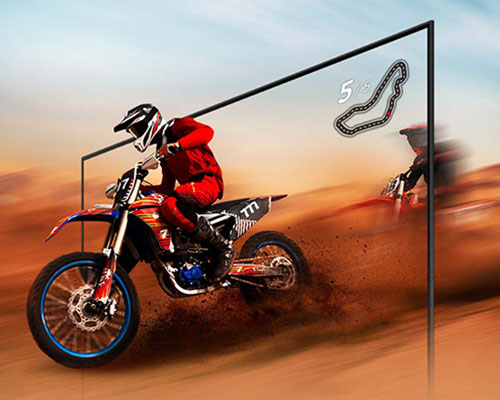 A dirt bike racer looks clear and visible inside the TV screen because of TV motion xcelerator technology.