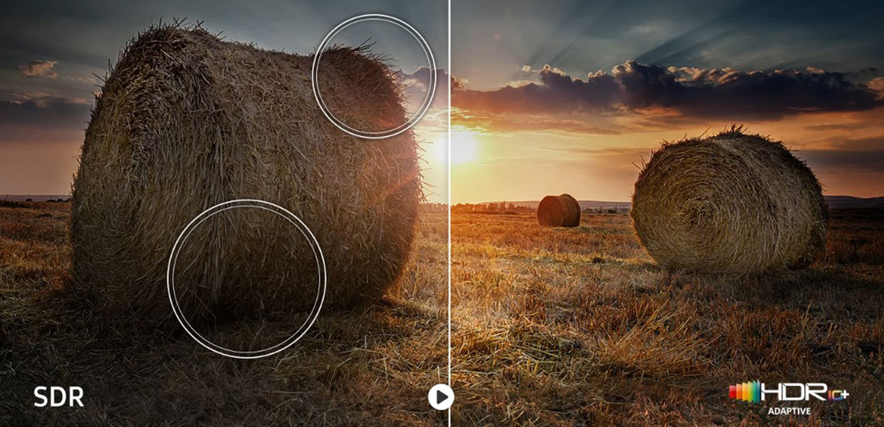 The sun is setting over a wide field with emphasis on a large hay stack. The scene after applying HDR 10+ ADAPTIVE/GAMING technology is much brighter and crisper than the SDR version.
