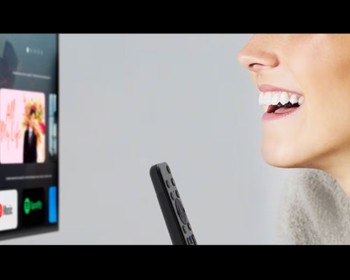 Close-up of woman with remote controlling TV using her voice